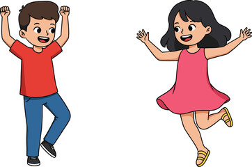 Joyful children jumping, happy cartoon kids, playful boy and girl, cheerful childhood moment, colorful illustration, fun activity, smiling expressions