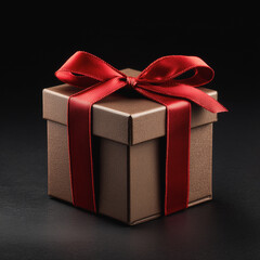 Fototapeta premium Brown gift box with red ribbon bow on dark elegant background 