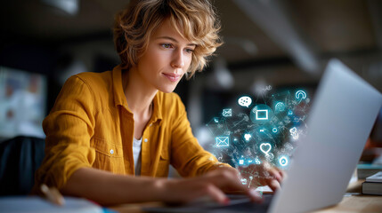 Short-haired female project manager focused on a computer in a stylish office, AR social media icons emerging from her laptop, augmented reality project manager, social media IoT o