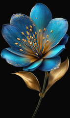 Elegant blue and gold flower with shimmering petals on black background

