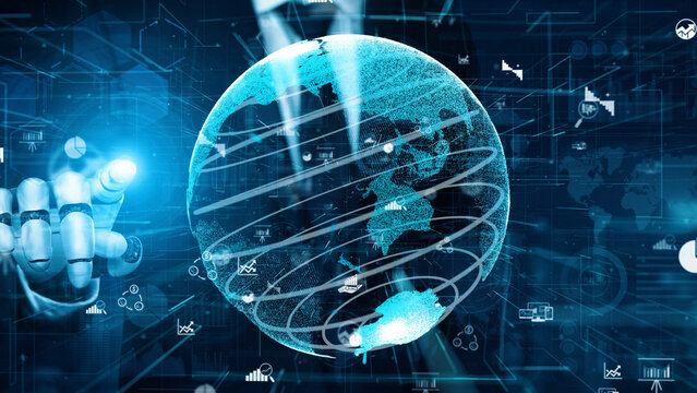 A futuristic representation of a digital globe with data elements showcasing technology and analytics. A robotic hand interacts with graphical interfaces, symbolizing innovation. Xenic