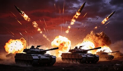 Explosive Military Action with Tanks and Rockets Under Dramatic Sky
