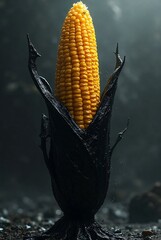 Unique Blackened Corn Against Dark Background with Mist and Light