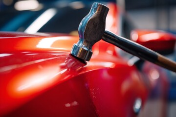 Metal hammer resting on a vibrant red vehicle surface, suggesting auto body repair work