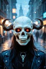 Mysterious Figure with Skull Mask and Horns in Urban Setting