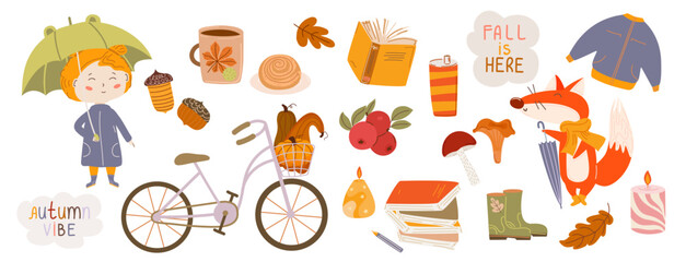 Autumn illustration set. Cute girl with umbrella, fox, bicycle, pumpkin, book, coffee, mushrooms, candle and leaves. Cozy fall elements in warm colors. Simple flat style design sticker