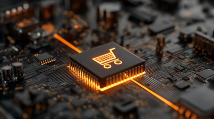 Abstract super market , shop trolley , shopping cart in circuit network digital technology electronic concept.
