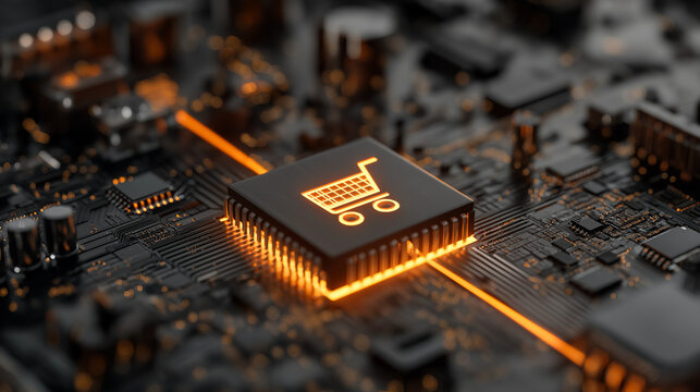 Abstract super market , shop trolley , shopping cart  in circuit network digital technology electronic concept. 
