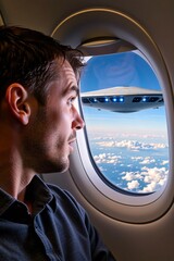 Man Gazing Out Window on Airplane as UFO Passes By in Sky