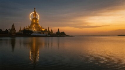 Serene Buddhist Temple Reflection at Sunset Over Calm Water