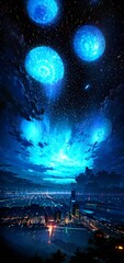Ethereal Cityscape Under Cosmic Blue Lights and Dreamy Sky