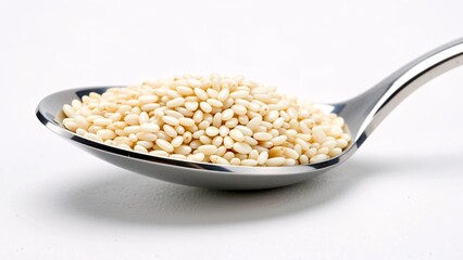 Fresh White Sesame Seeds in Metallic Spoon on White Background
