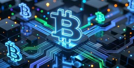 Digital Bitcoin Cryptocurrency Symbol on Circuit Board Background
