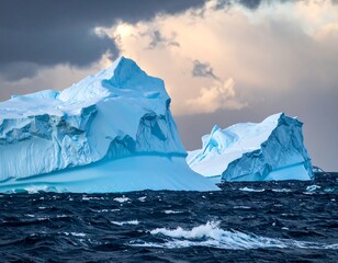 Icebergs in a stormy sea at sunset