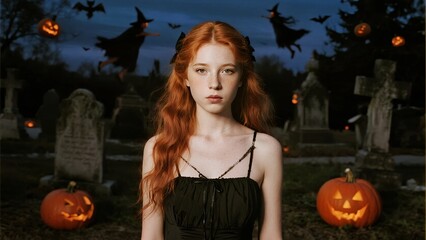 Enchanting Girl in Halloween Costume Surrounded by Spooky Decorations