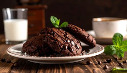 Chocolate chip cookies on a plate, with milk and coffee