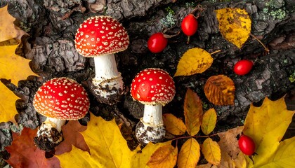 Autumn forest scene with mushrooms and berries