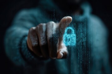 Fototapeta premium A hand presses a glowing padlock symbol representing data security. The background has binary codes