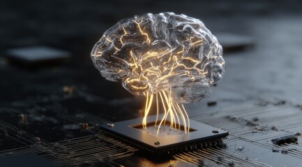 Futuristic Visualization of a Transparent Brain Connected to a Microchip, Showcasing Neural Networks and Advanced Technology Integration