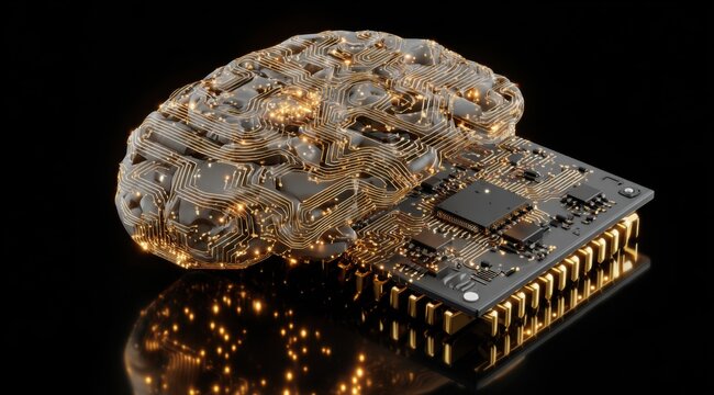 Futuristic Representation of Artificial Intelligence Merging with a Complex Circuit Board, Illustrating the Convergence of Technology and Human Thought Processes