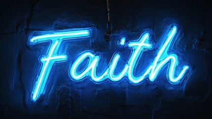 Illuminated by the cool glow of neon, the word Faith glows brilliantly. It embodies a strong sense of hope, devotion, and inner conviction against a darker backdrop.  Stock Image.