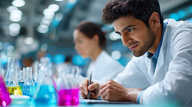 Male scientist standing with test tubes and analyzing data on a computer in a high-tech lab, Asian female colleague in the background, young scientist lab work, medical research co