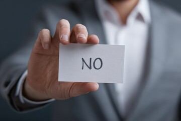 A Person Holding a Card with a Bold 'No' Written on It, Expressing Rejection and Defiance in a Professional Setting