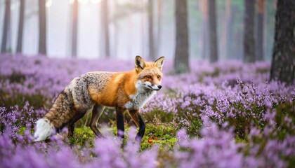Red Fox Walking Through Purple Heather Forest at Sunrise.
