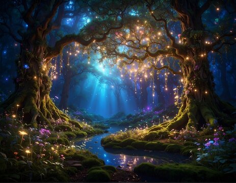 Magical forest at night, glowing trees and flowers