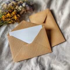Two envelopes, one open with a blank letter, next to a bouquet of dried flowers, on a wrinkled textured fabric. Capturing a sense of intimacy, thoughtfulness, and gentle anticipation.