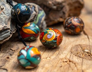 Colorful beaded necklace on wood