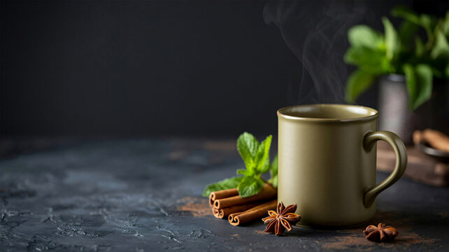 Cozy steaming mug of herbal tea with cinnamon, anise, and mint on a dark moody background