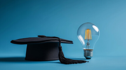 An innovative educational image displaying a bright bulb alongside an academic graduation hat on a soft blue background symbolizing knowledge, learning, and creativity.