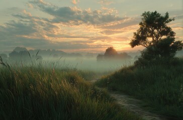 Obraz premium Serene Morning Landscape with Dew-Kissed Grass, Rolling Mist, and a Tranquil Sunrise Sky Blending Soft Hues of Orange, Pink, and Blue Over a Peaceful Meadow Path