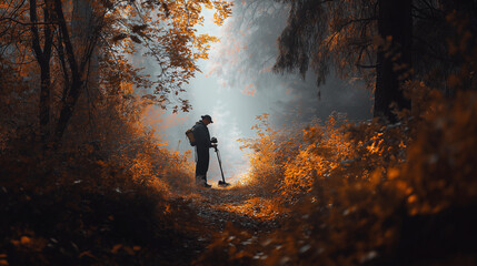 A person explores an autumn forest with a metal detector, searching the golden leaves and rich soil for hidden treasures and relics.