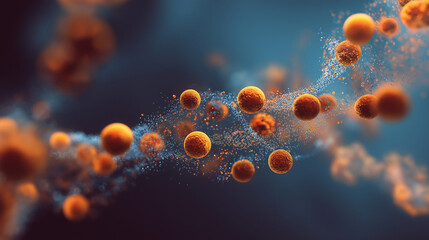 
An abstract regenerative biotech therapy image featuring small round yellow shapes floating over a blue scientific technology background symbolizing advanced cellular innovation.