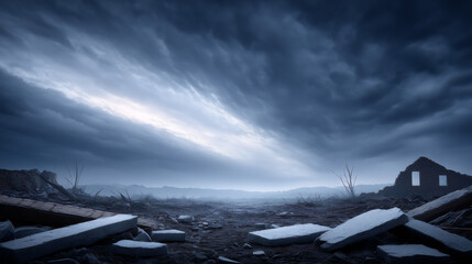 Apocalyptic Landscape Dark Stormy Sky Over Desolate Ruins