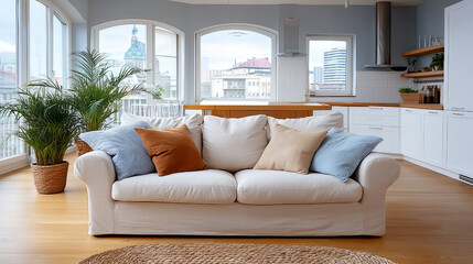 Fototapeta premium Bright Minimalist Living Room Interior with White Sofa