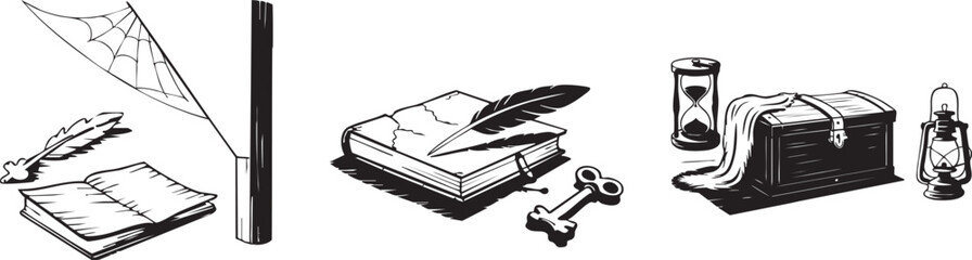 A collection of vintage fantasy and adventure objects in black and white