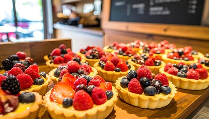 Fresh fruit tarts on a wooden tray