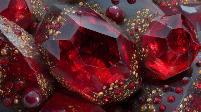 Close Up Ruby Red Crystals With Gold Glitter - Powered by Adobe