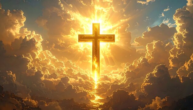 Heavenly cross in golden clouds