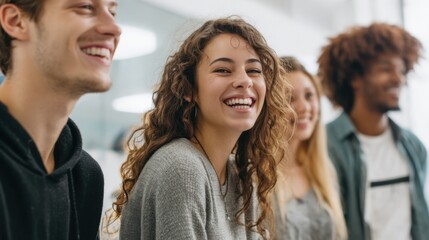Obraz premium Diverse group of smiling young people enjoying conversation indoors classroom or event.