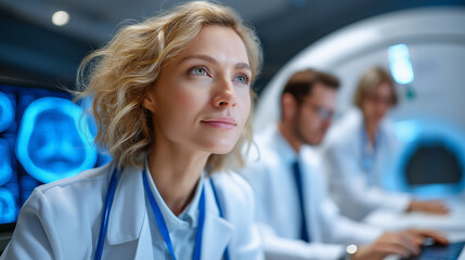 A female patient in an MRI machine with a female radiologist and male doctor analyzing scans in a modern lab, MRI scan medical professionals, high-tech radiology teamwork, patient 