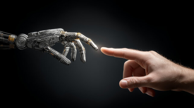 A human hand and robotic hand touch fingertips against a dark gray background, symbolizing connection, technology, and human-robot interaction.