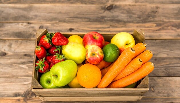 Fresh fruits and vegetables in wooden crate