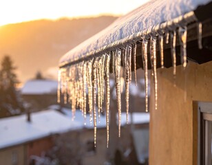 Icicles hanging from a snowy roof at sunset