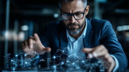 Businessman in a suit interacting with digital holographic data visualizations, showcasing advanced technology and innovation in a modern office environment
