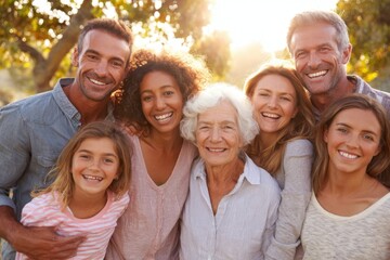 Obraz premium Happy Multigenerational Family Gathering Outdoors with Smiling Seniors and Children.