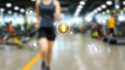 Person exercising in gym with digital health interface overlay showing connected fitness data